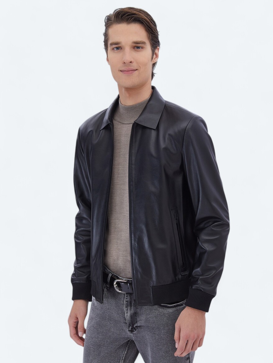 Black Regular Fit Round Collar Smart Casual Sheep Leather Leather Coat - 3