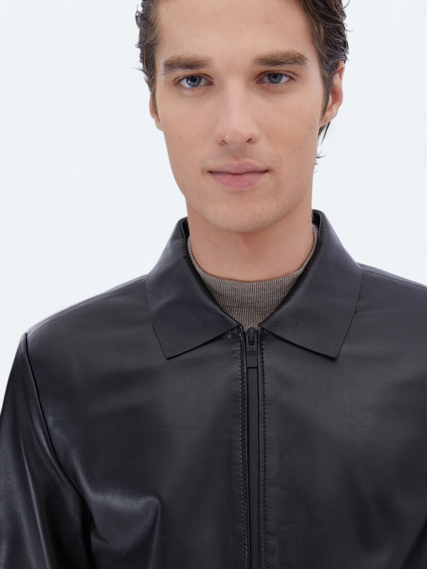 Black Regular Fit Round Collar Smart Casual Sheep Leather Leather Coat - 4