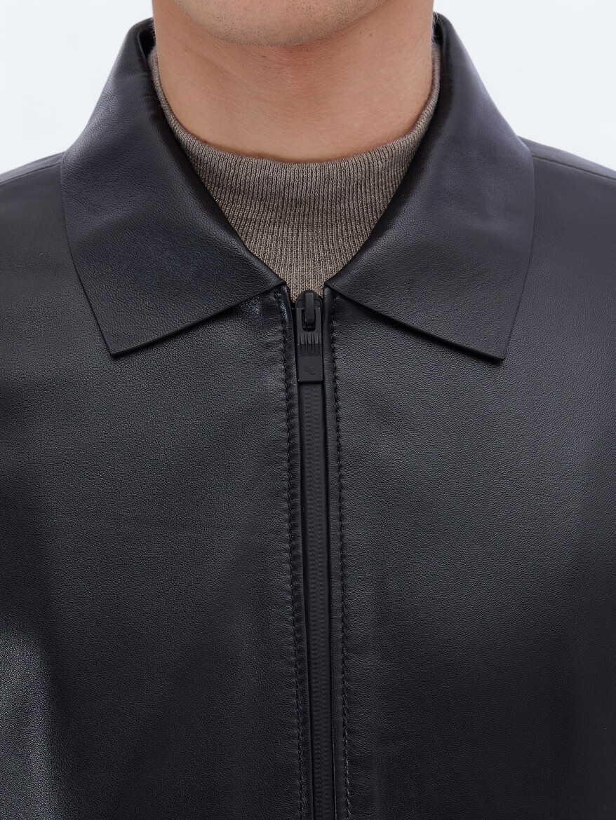 Black Regular Fit Round Collar Smart Casual Sheep Leather Leather Coat - 5