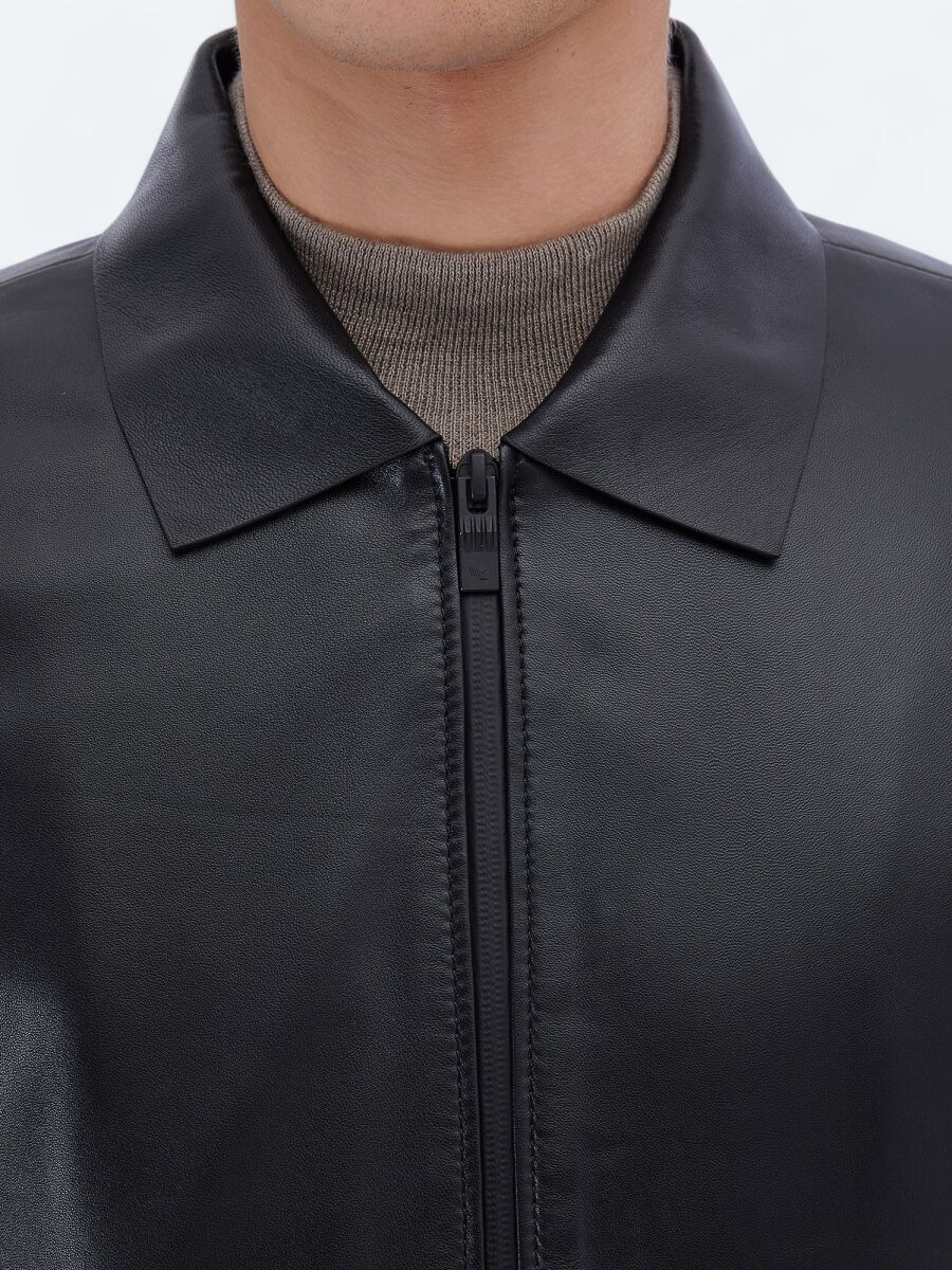 Black Regular Fit Round Collar Smart Casual Sheep Leather Leather Coat - 5