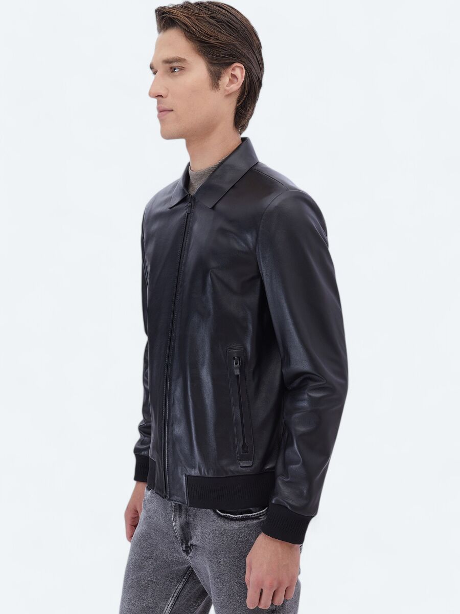 Black Regular Fit Round Collar Smart Casual Sheep Leather Leather Coat - 6