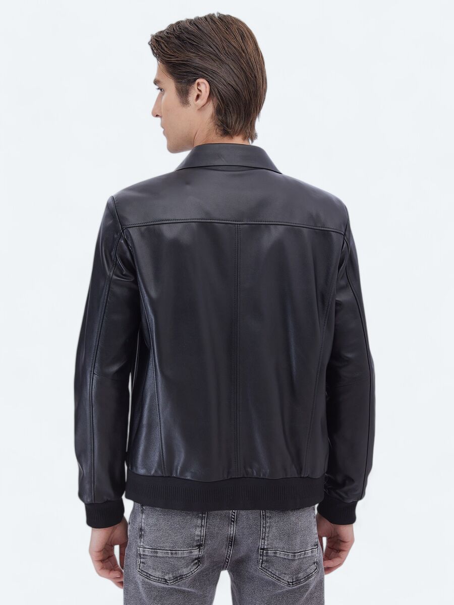 Black Regular Fit Round Collar Smart Casual Sheep Leather Leather Coat - 7