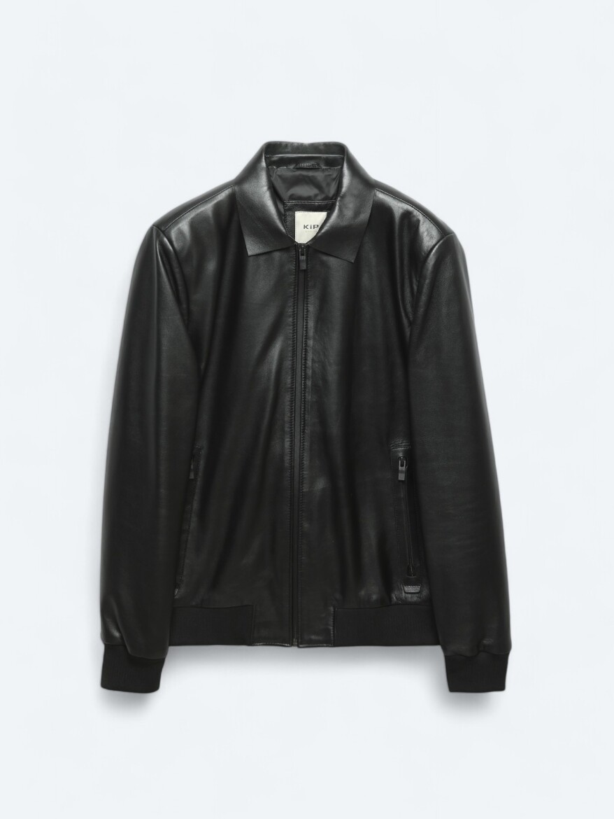 Black Regular Fit Round Collar Smart Casual Sheep Leather Leather Coat - 8