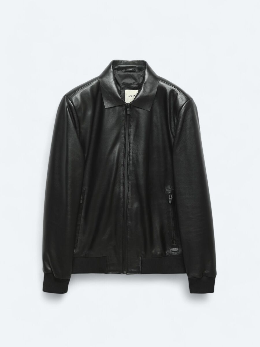 Black Regular Fit Round Collar Smart Casual Sheep Leather Leather Coat - 8