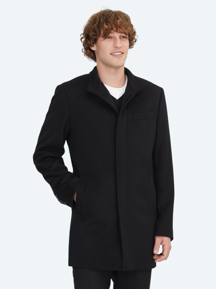 Black Regular Fit Shawl Collar Casual Weaving Overcoat - 2