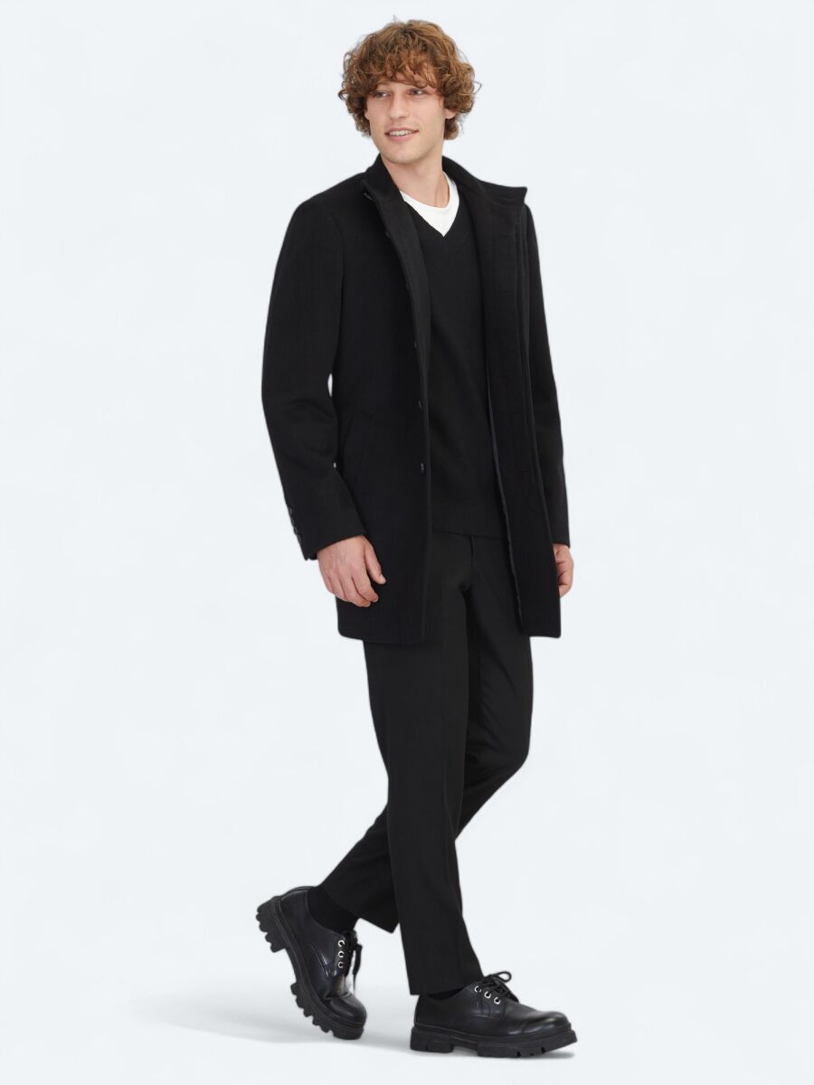 Black Regular Fit Shawl Collar Casual Weaving Overcoat - 3