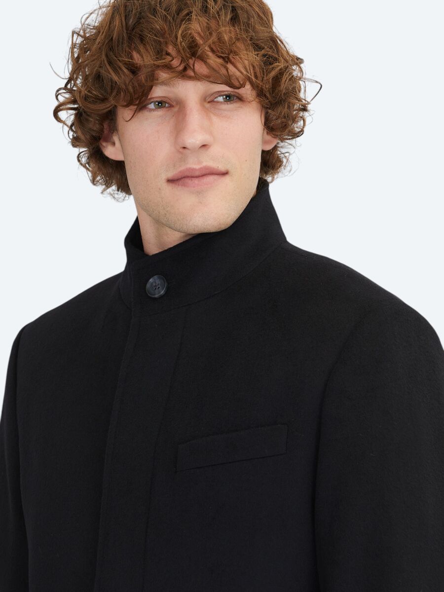 Black Regular Fit Shawl Collar Casual Weaving Overcoat - 6