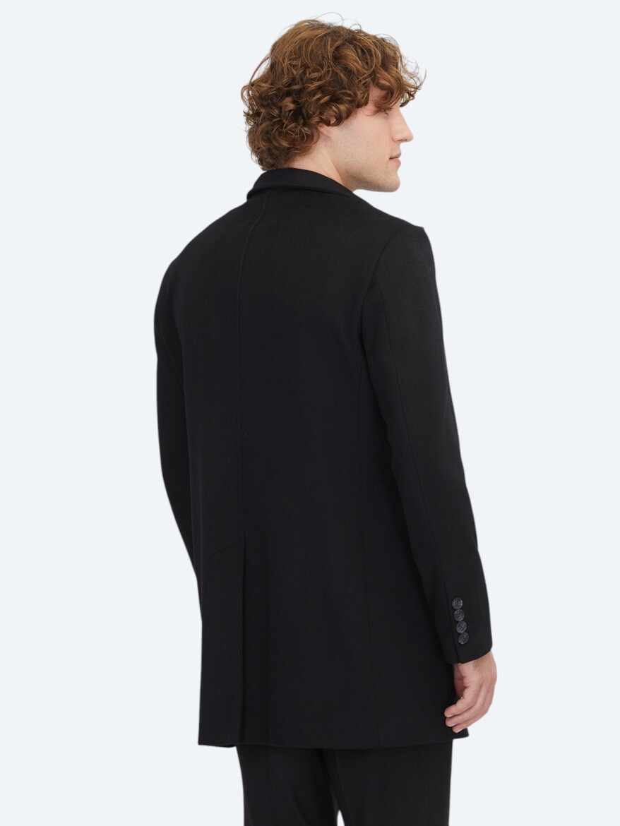 Black Regular Fit Shawl Collar Casual Weaving Overcoat - 7