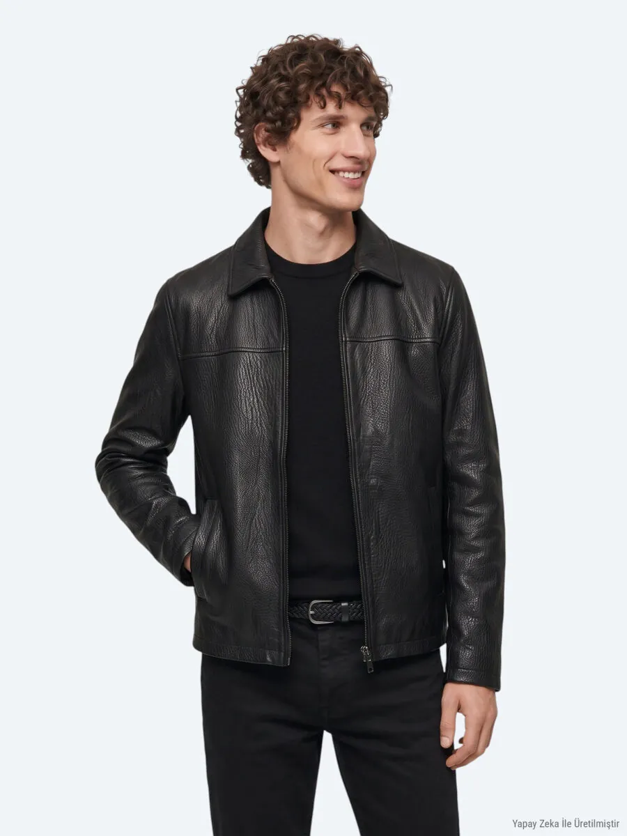 Black Regular Fit Shirt Collar Casual Leather Leather Coat - 1