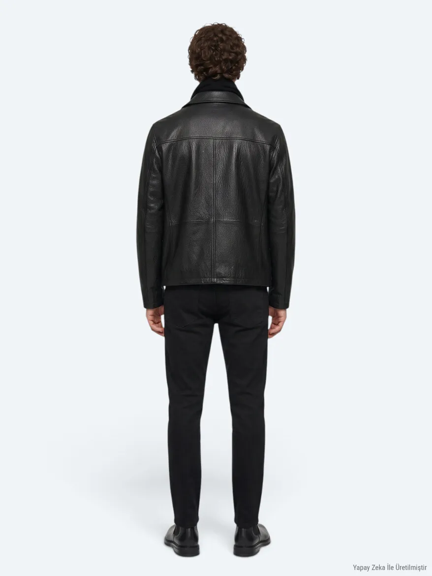 Black Regular Fit Shirt Collar Casual Leather Leather Coat - 6