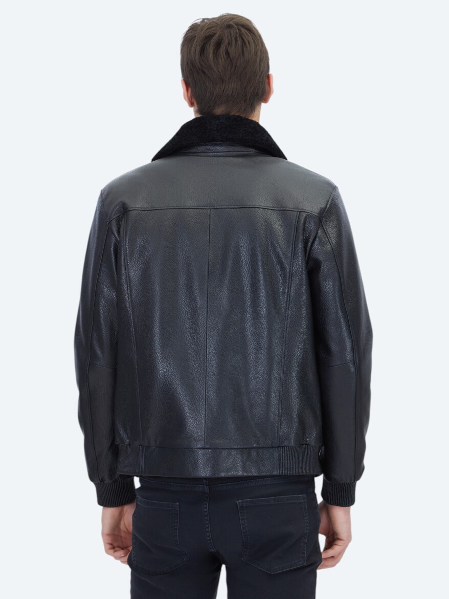 Black Regular Fit Shirt Collar Casual Sheep Leather Leather Coat - 6