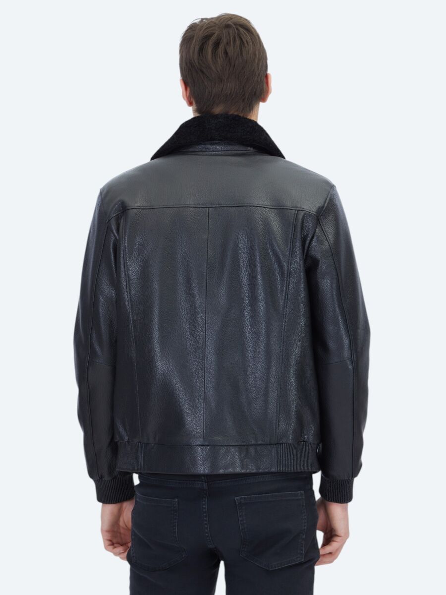 Black Regular Fit Shirt Collar Casual Sheep Leather Leather Coat - 6