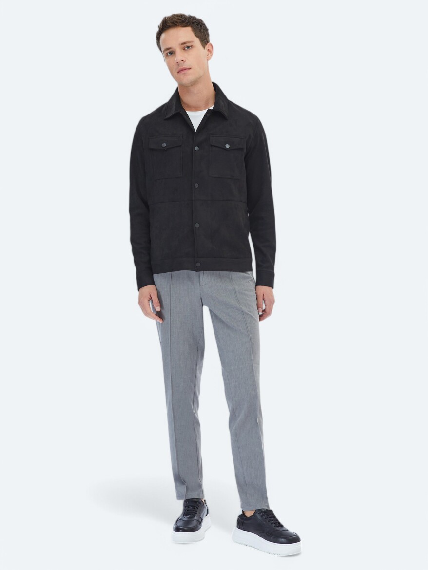 Black Regular Fit Shirt Collar Casual Weaving Coat - 2