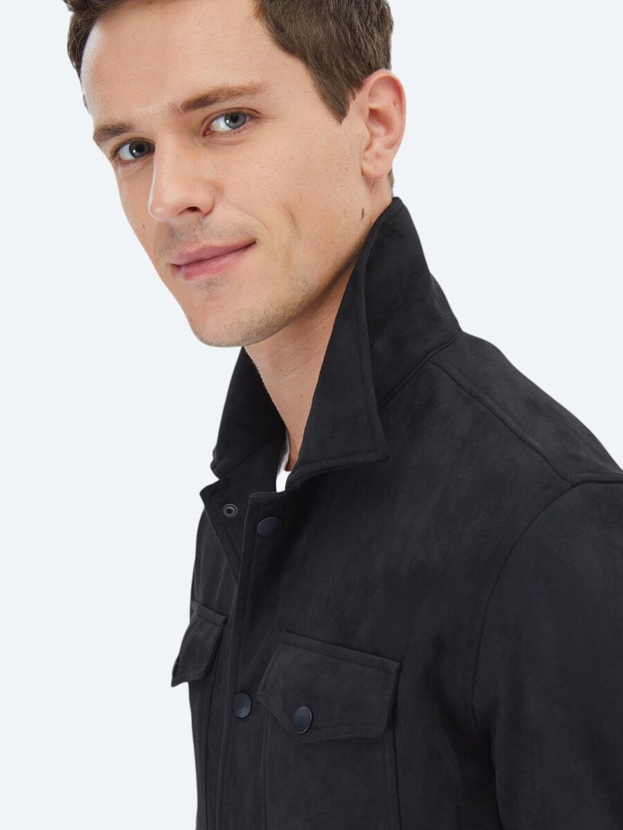 Black Regular Fit Shirt Collar Casual Weaving Coat - 5