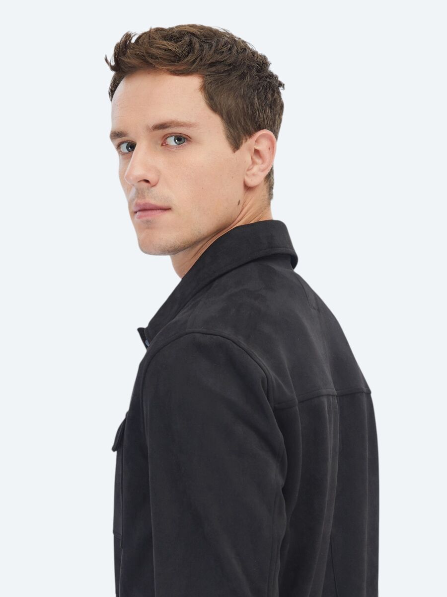 Black Regular Fit Shirt Collar Casual Weaving Coat - 6