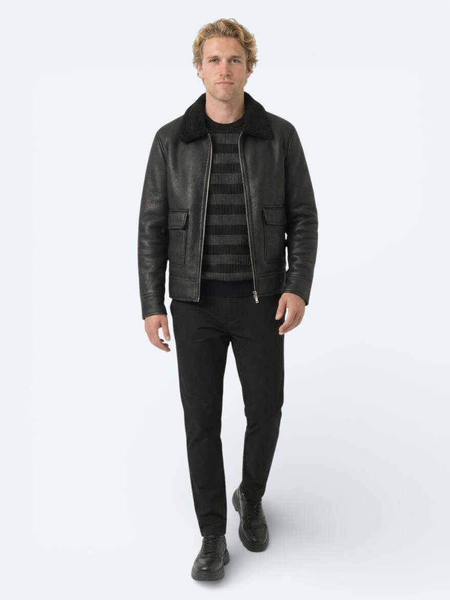 Black Regular Fit Shirt Collar Casual Weaving Coat - 2