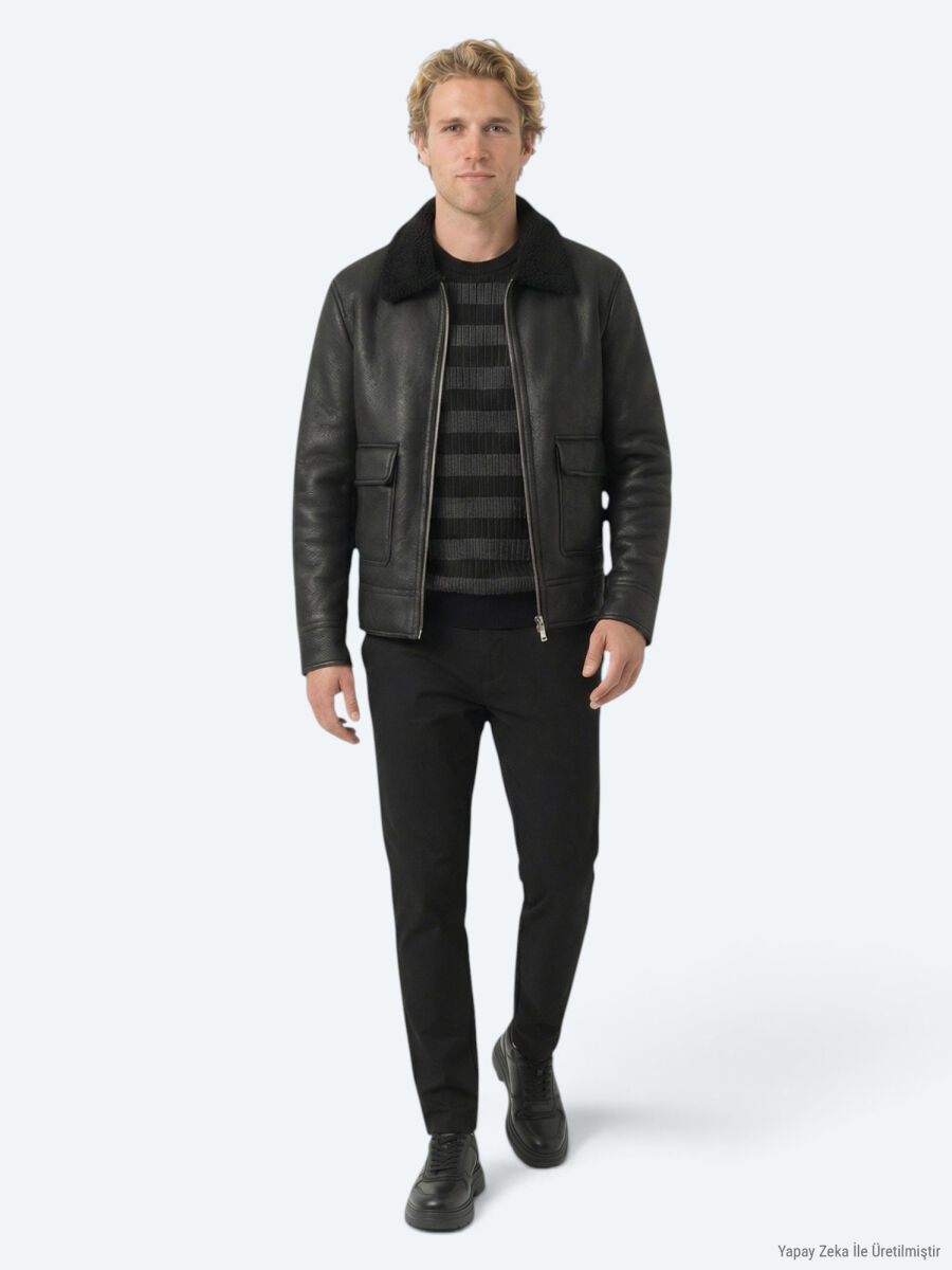Black Regular Fit Shirt Collar Casual Weaving Coat - 2