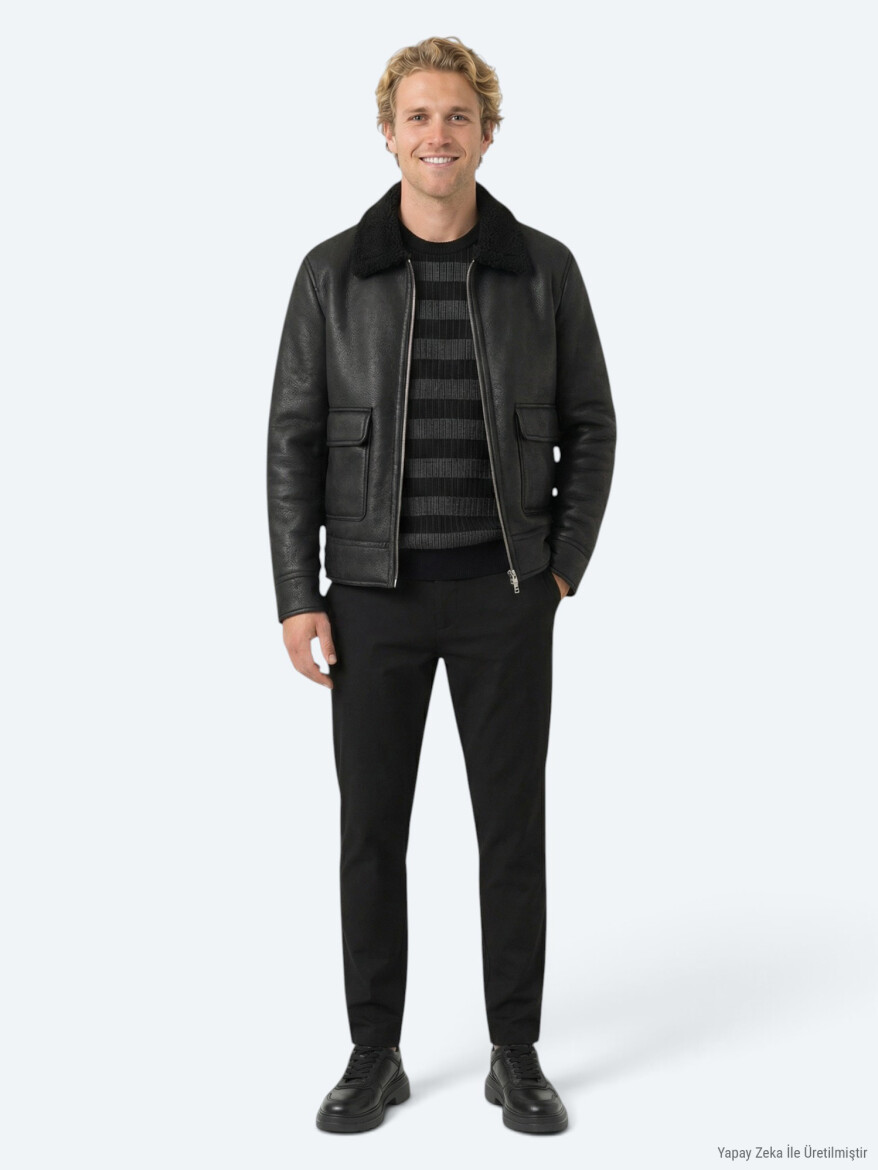 Black Regular Fit Shirt Collar Casual Weaving Coat - 3