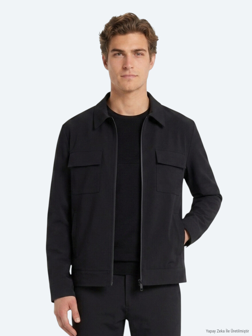 Black Regular Fit Shirt Collar Casual Weaving Coat - KİP