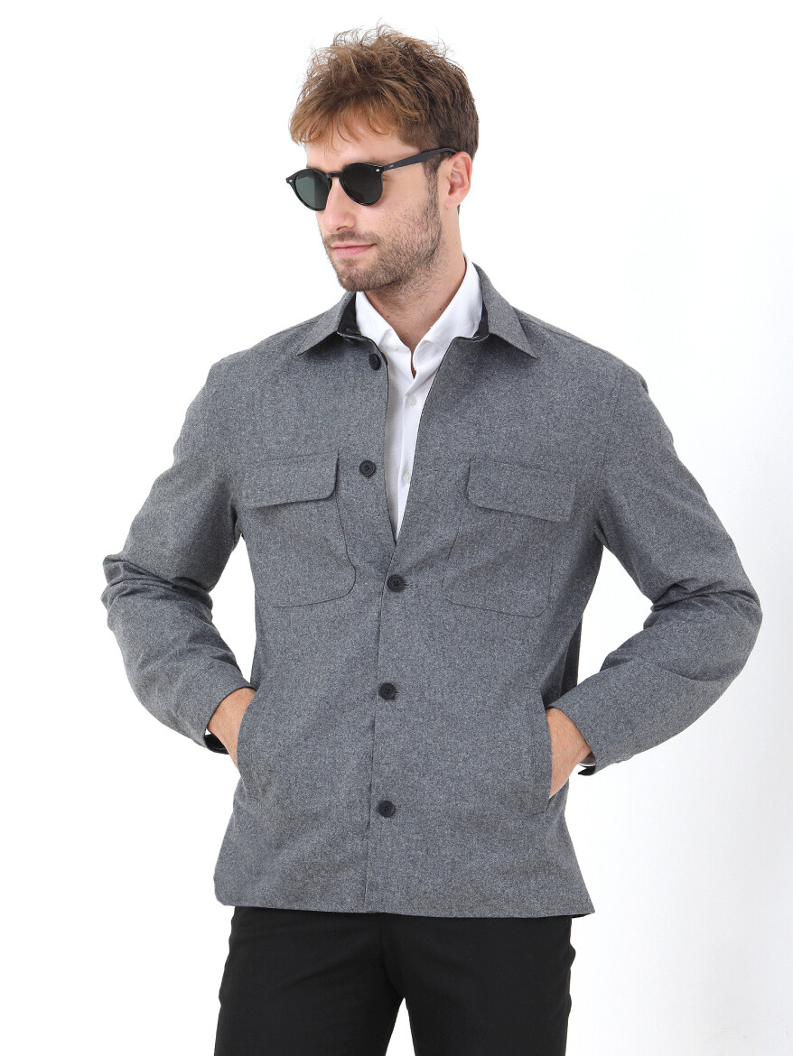 Black Regular Fit Shirt Collar Casual Weaving Double-Sided Coat - 1