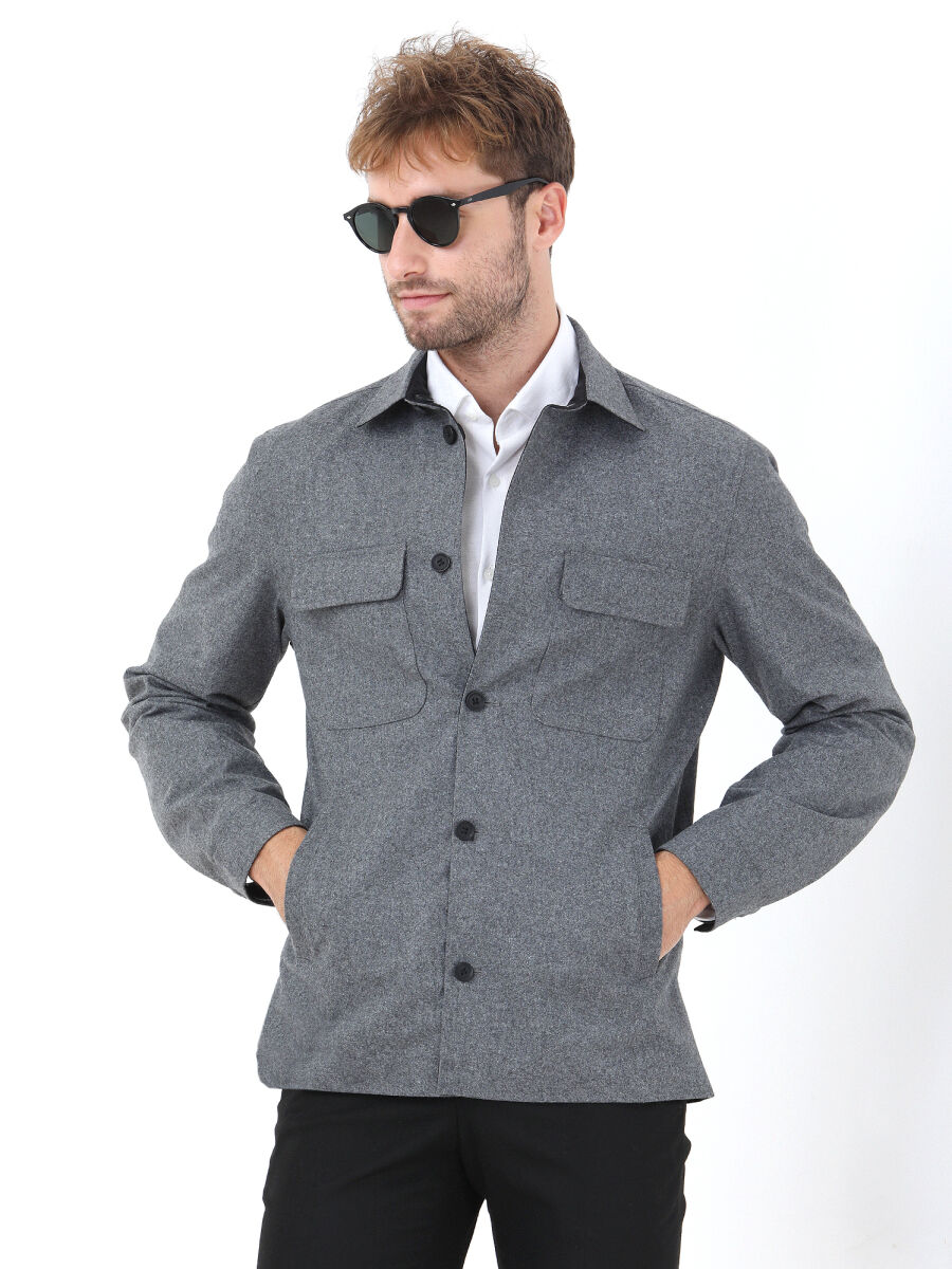 Black Regular Fit Shirt Collar Casual Weaving Double-Sided Coat - 1