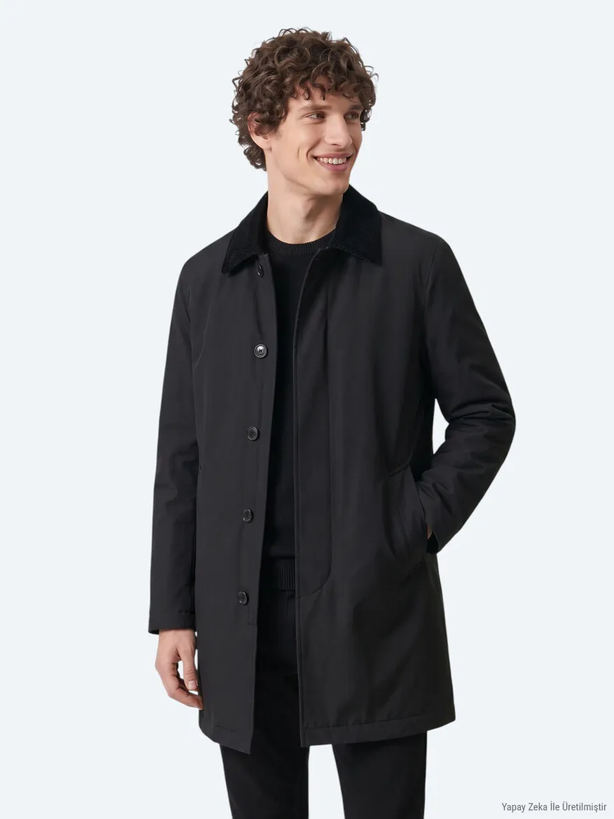 Black Regular Fit Shirt Collar Casual Weaving Rain Coat - KİP