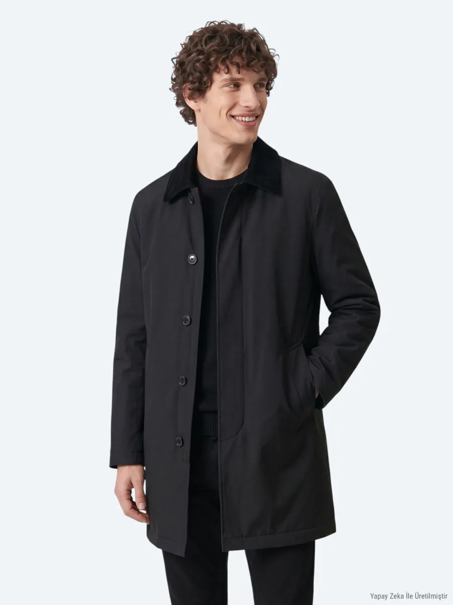 Black Regular Fit Shirt Collar Casual Weaving Rain Coat - 1