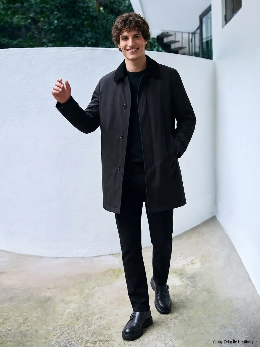 Black Regular Fit Shirt Collar Casual Weaving Rain Coat - KİP