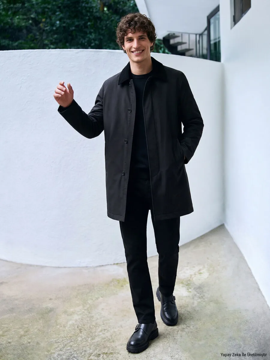 Black Regular Fit Shirt Collar Casual Weaving Rain Coat - 2