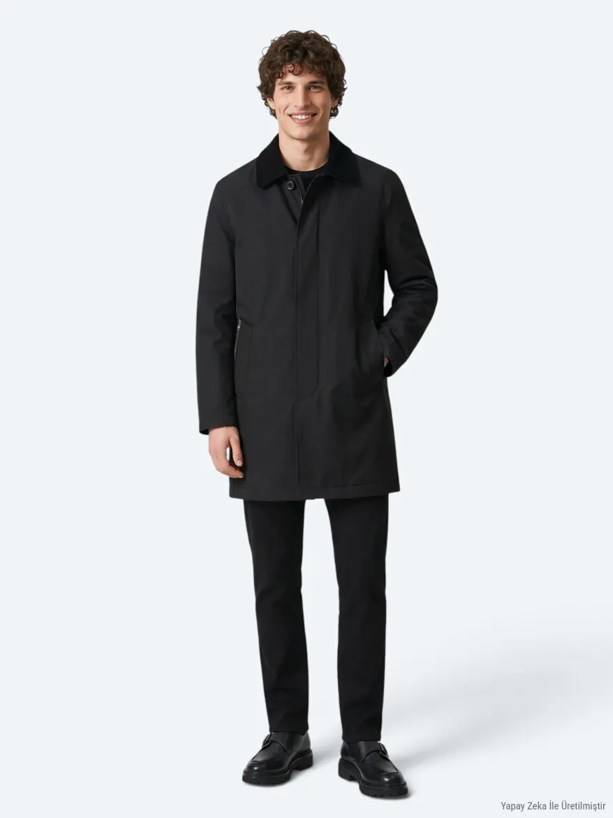 Black Regular Fit Shirt Collar Casual Weaving Rain Coat - 3