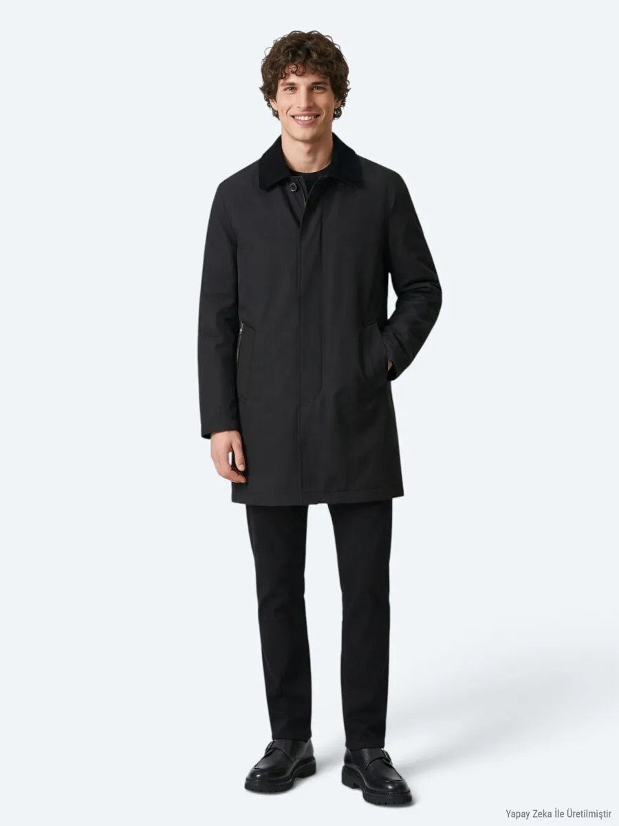 Black Regular Fit Shirt Collar Casual Weaving Rain Coat - 3
