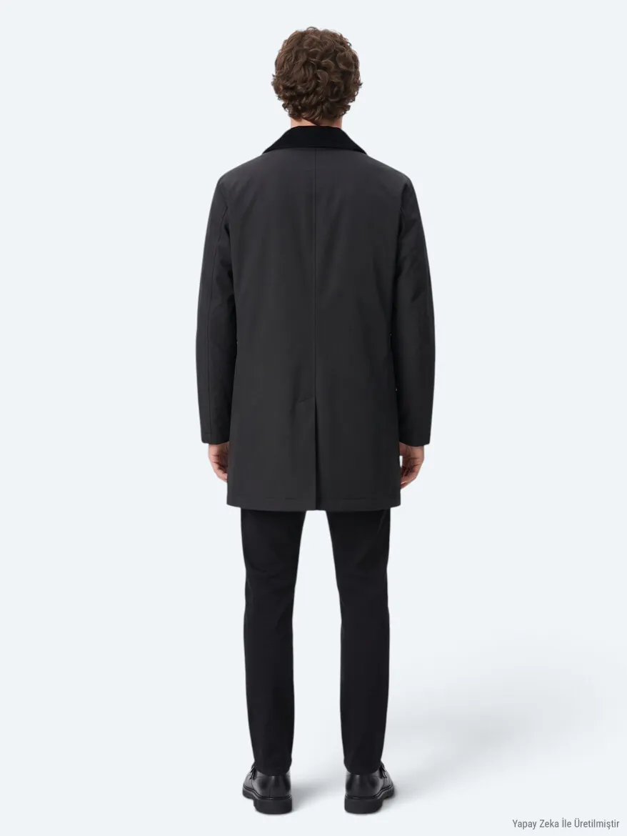 Black Regular Fit Shirt Collar Casual Weaving Rain Coat - 6