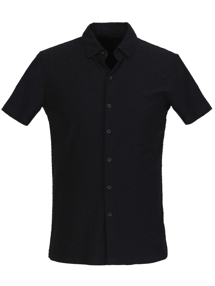Black Regular Fit Short Knitting Casual 100% Cotton Shirt 