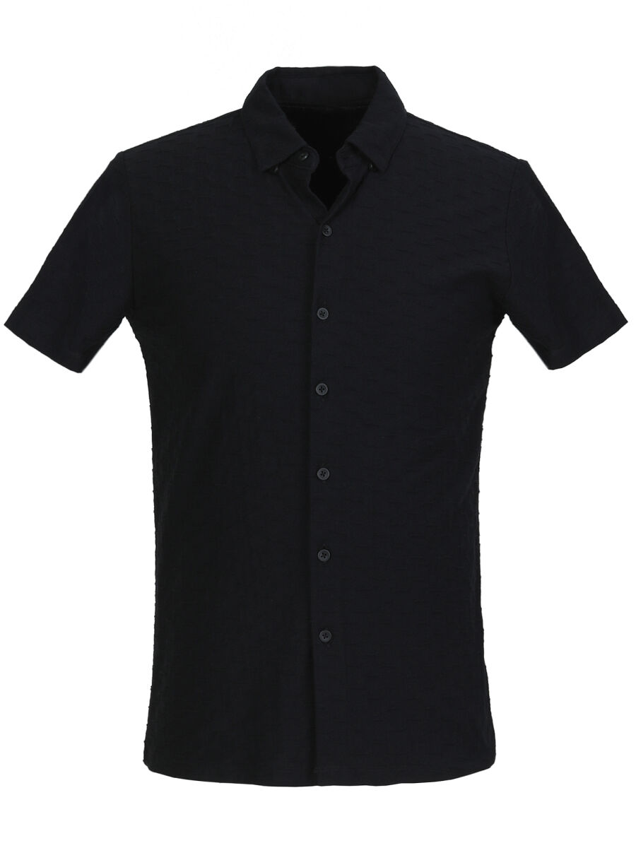 Black Regular Fit Short Knitting Casual 100% Cotton Shirt - 1