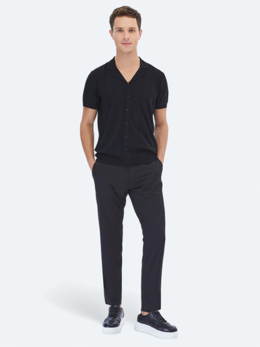 Black Regular Fit Short Knitting Casual Shirt - 2