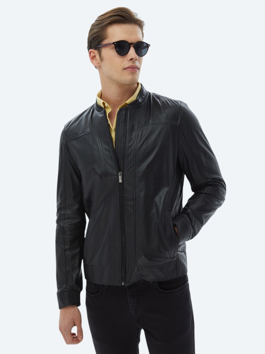 Black Regular Fit Smart Casual Sheep Leather Leather Coat - 1