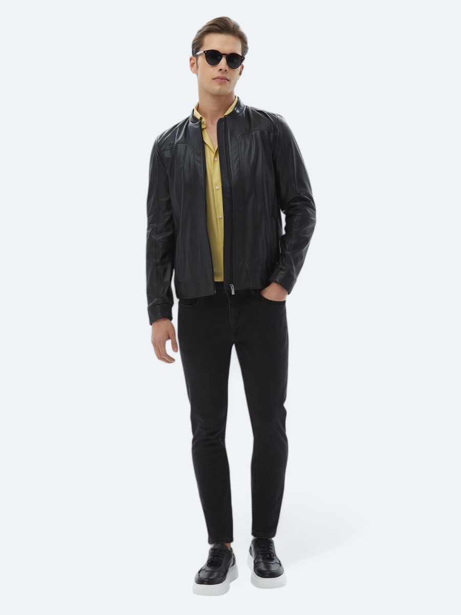 Black Regular Fit Smart Casual Sheep Leather Leather Coat - 2