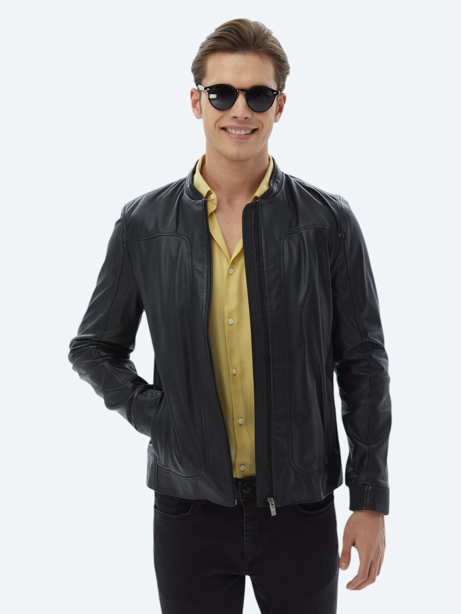 Black Regular Fit Smart Casual Sheep Leather Leather Coat - 4