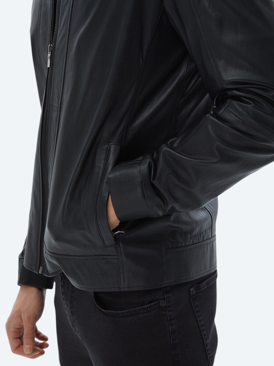 Black Regular Fit Smart Casual Sheep Leather Leather Coat - 6