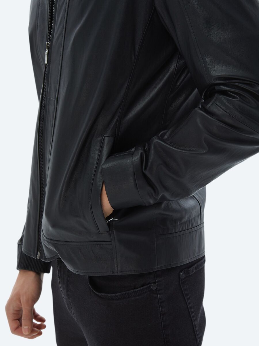 Black Regular Fit Smart Casual Sheep Leather Leather Coat - 6