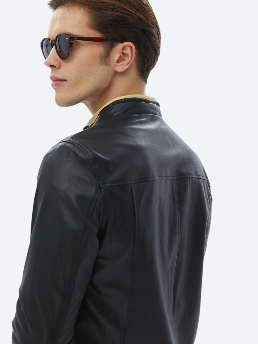 Black Regular Fit Smart Casual Sheep Leather Leather Coat - 9