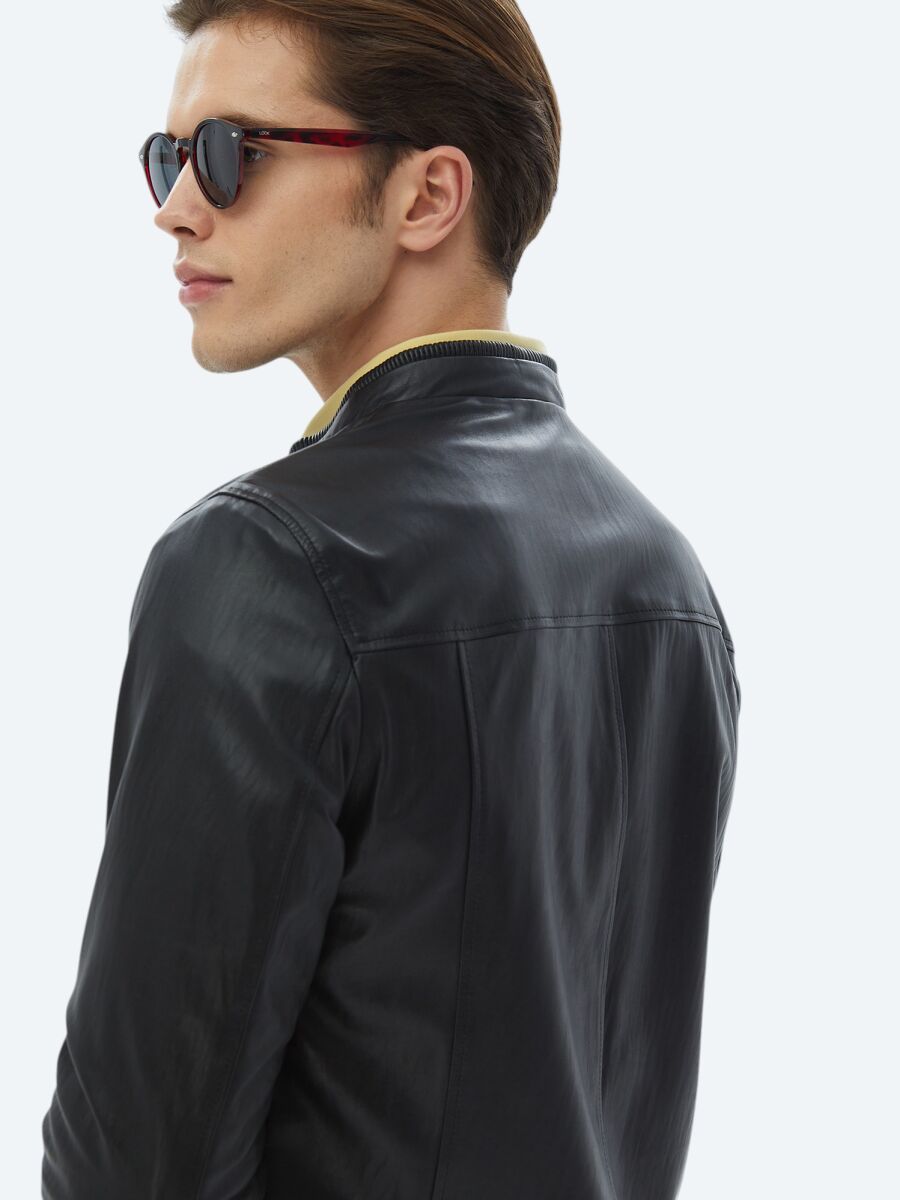 Black Regular Fit Smart Casual Sheep Leather Leather Coat - 9