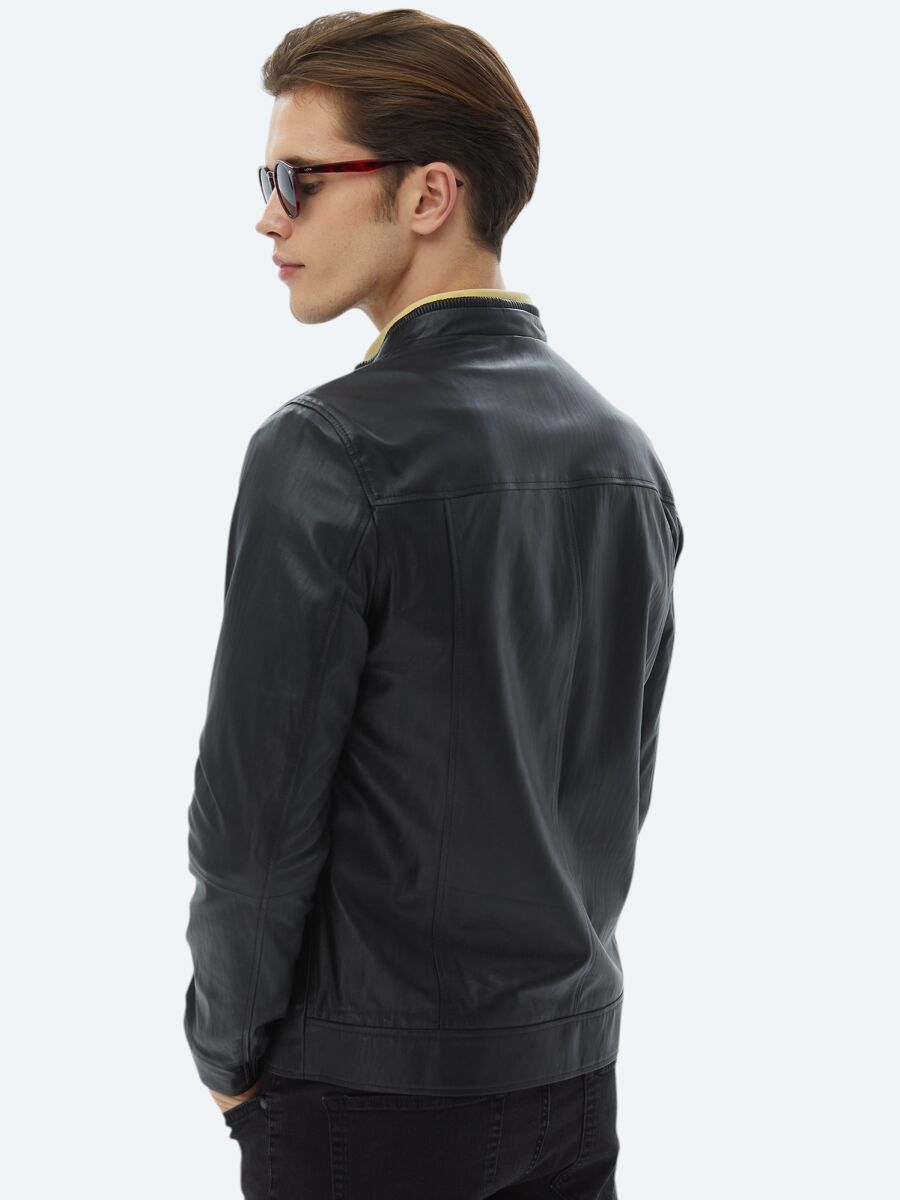 Black Regular Fit Smart Casual Sheep Leather Leather Coat - 10