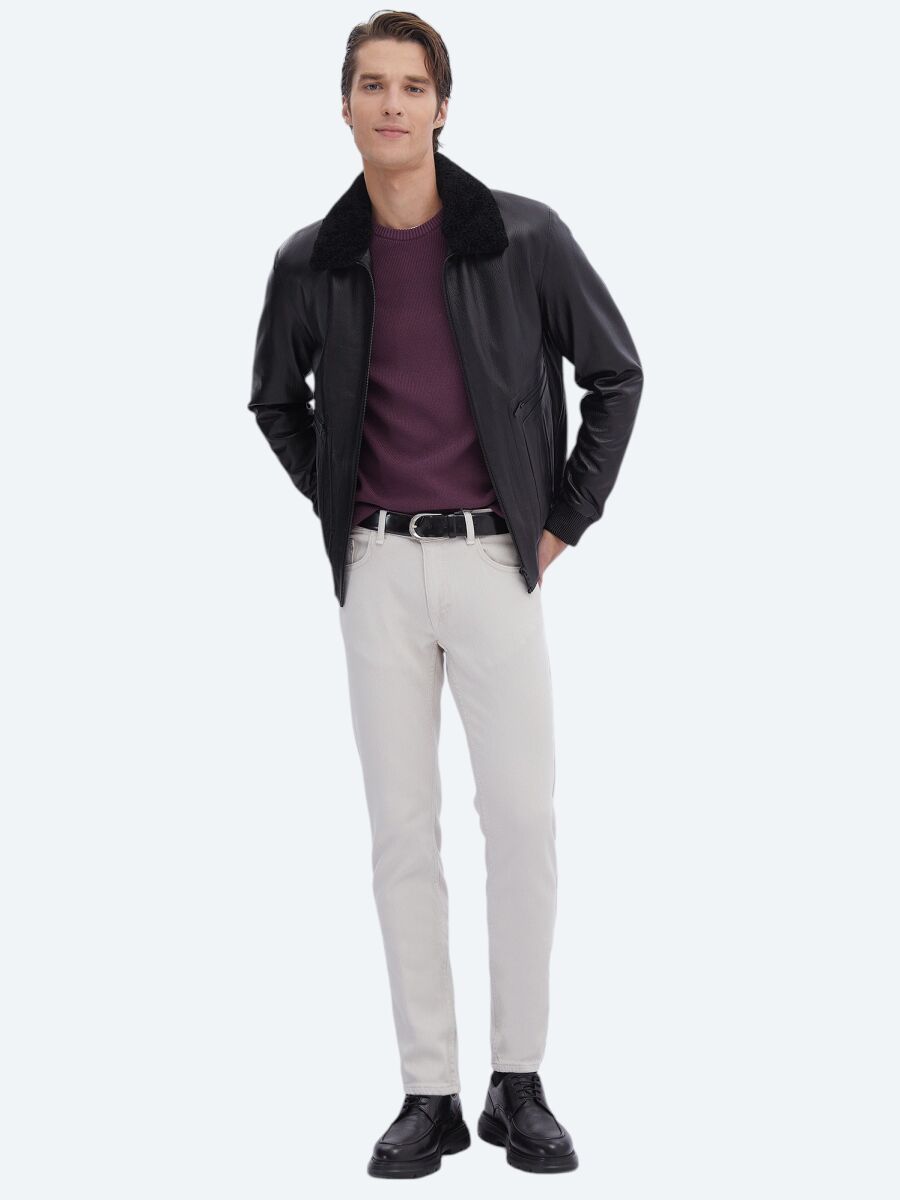 Black Regular Fit Smart Casual Sheep Leather Leather Coat - 2
