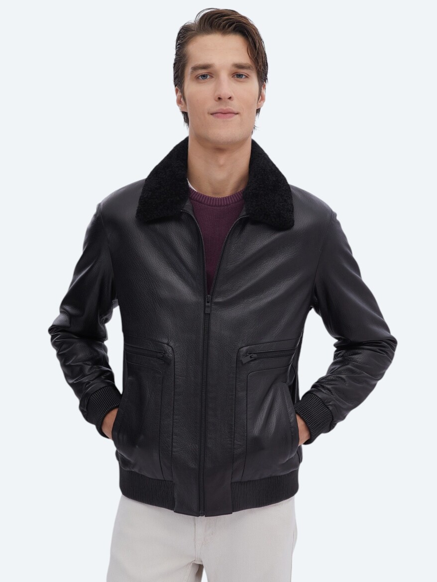 Black Regular Fit Smart Casual Sheep Leather Leather Coat - 3
