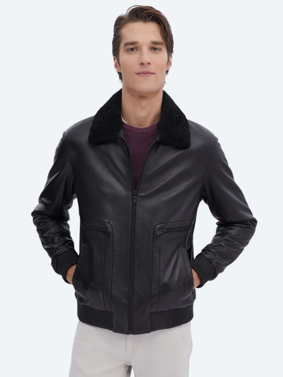 Black Regular Fit Smart Casual Sheep Leather Leather Coat - 3