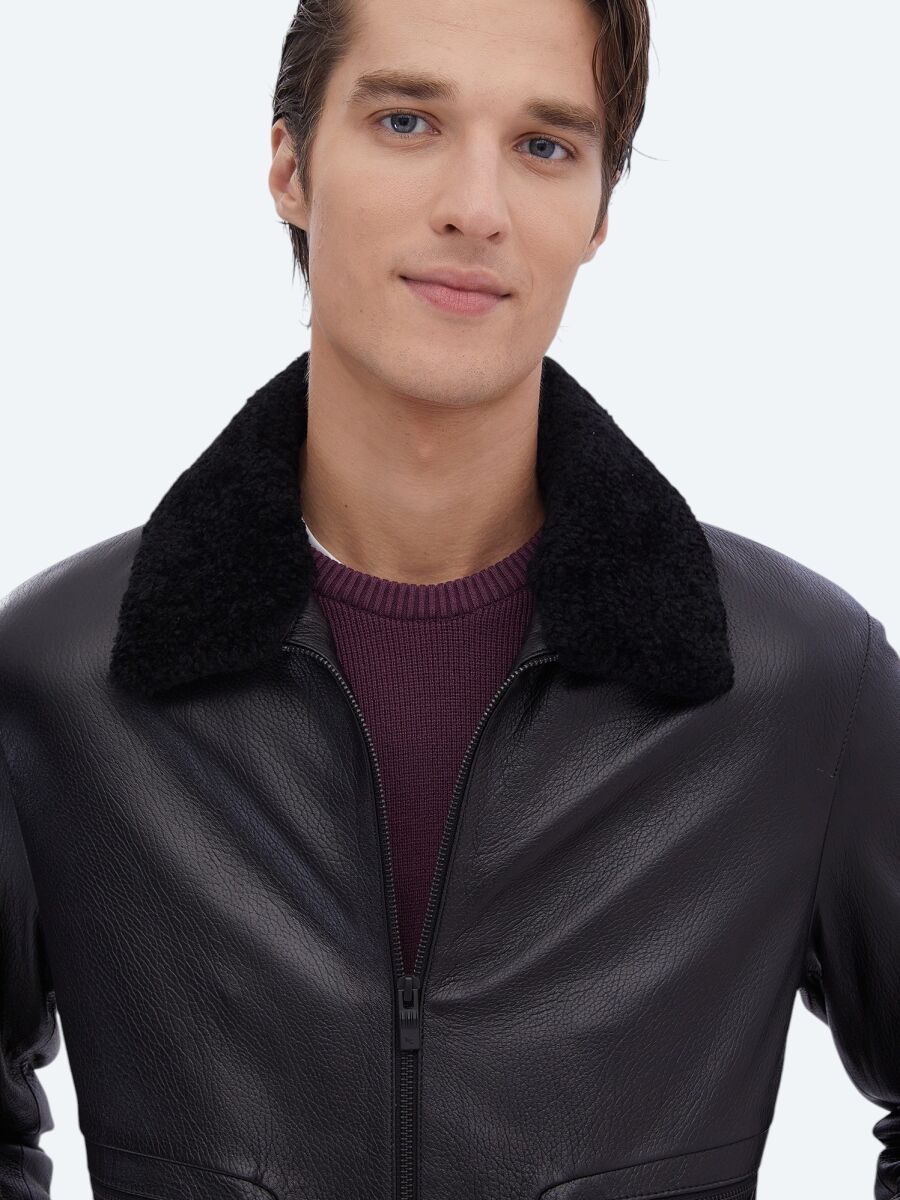 Black Regular Fit Smart Casual Sheep Leather Leather Coat - 4