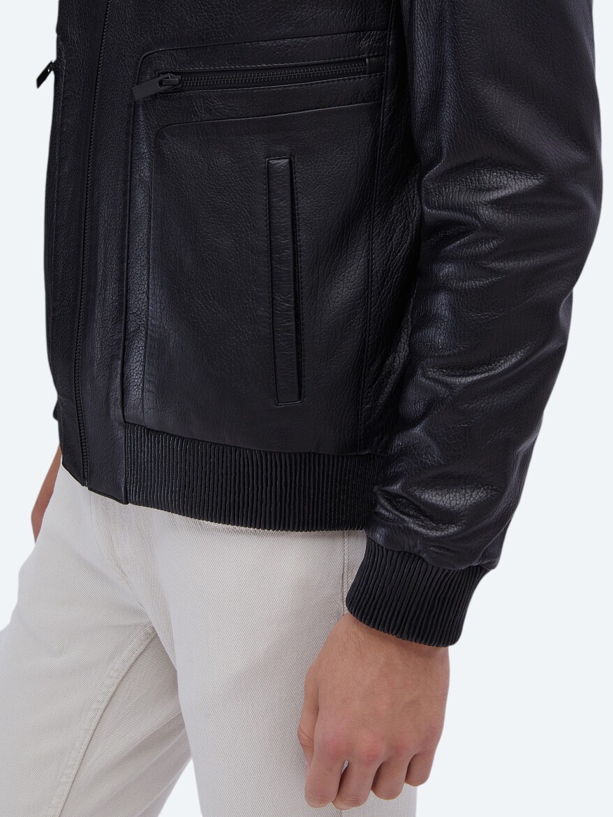 Black Regular Fit Smart Casual Sheep Leather Leather Coat - 5