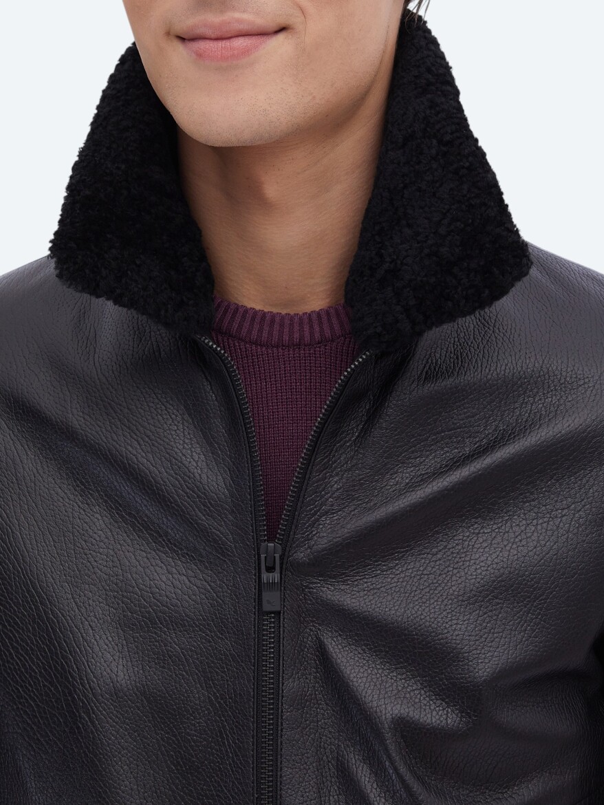 Black Regular Fit Smart Casual Sheep Leather Leather Coat - 8
