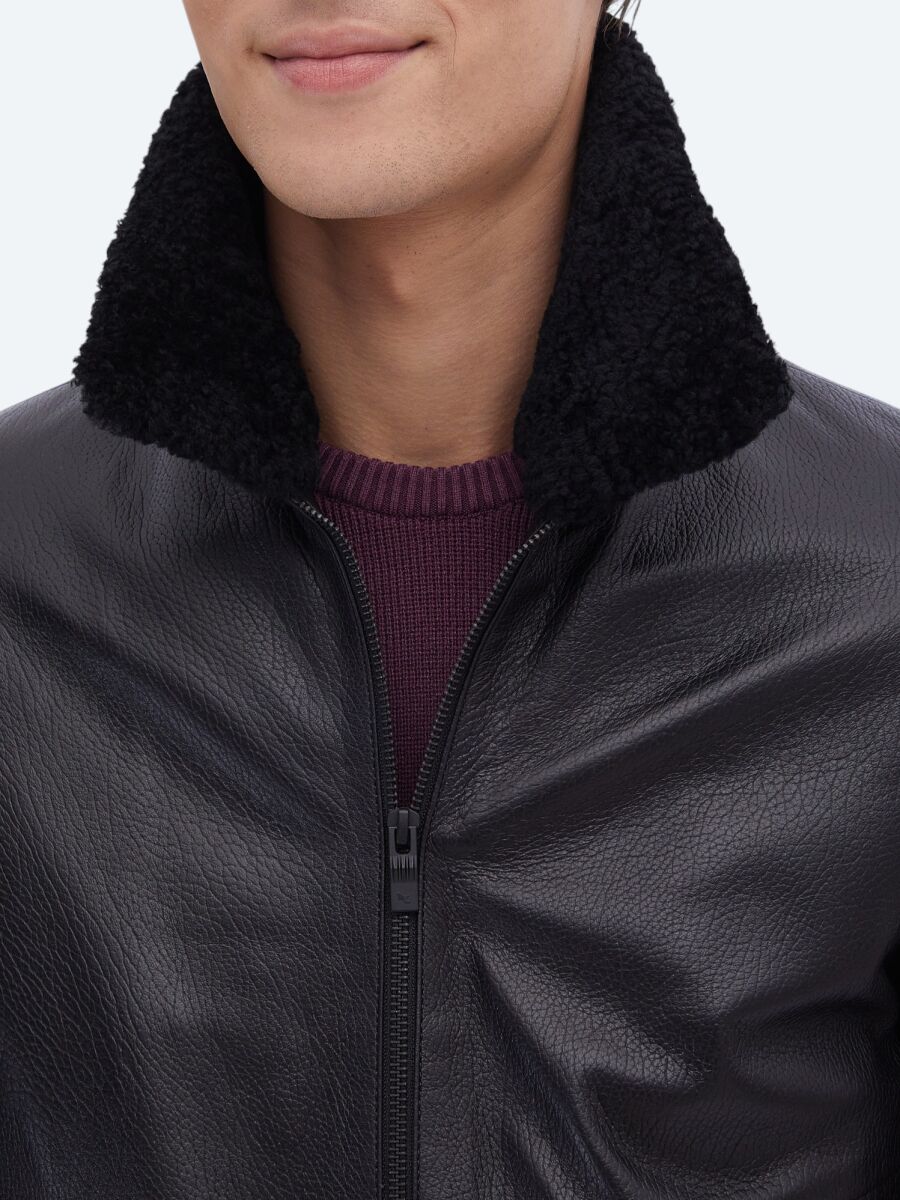 Black Regular Fit Smart Casual Sheep Leather Leather Coat - 8